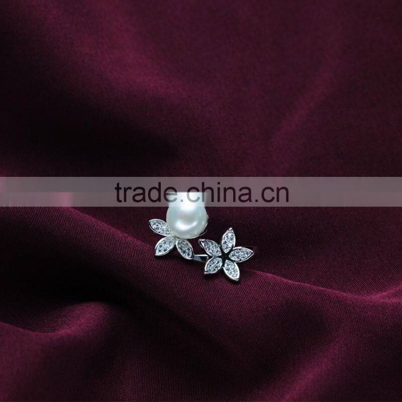 pure white resizable open size latest design natural freshwater pearl silver ring
