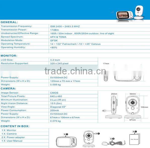 VB603 Baby Monitoring 3.2 Inch 2.4g Infant Babies Monitor Wireless Baby Caretakers Two-Ways Intercom Infrared Night Vision