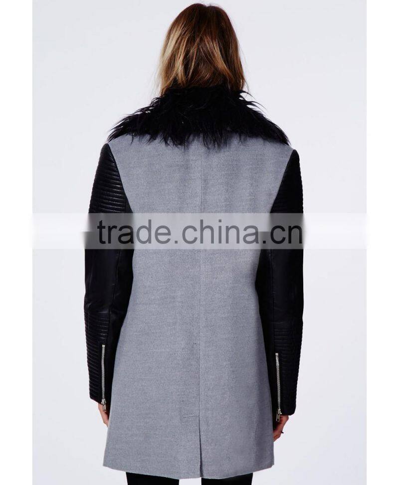 2014 New arrival cool fashion lady FAUX FUR LEATHER BIKER SLEEVE COAT