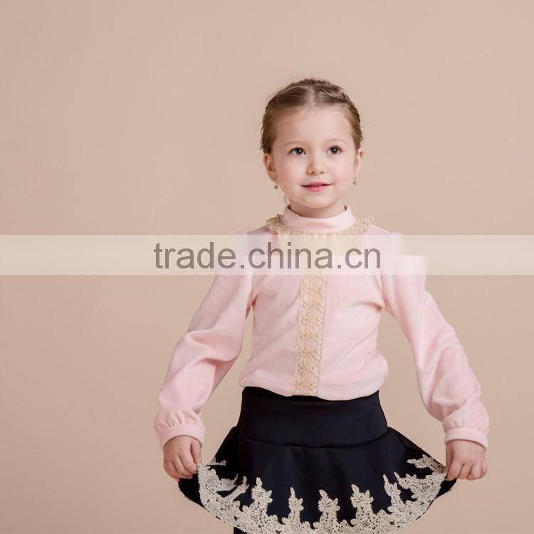 High Neck Girls Velvet t Shirt With Lace Children Clothing Pullover Long Sleeve t Shirt