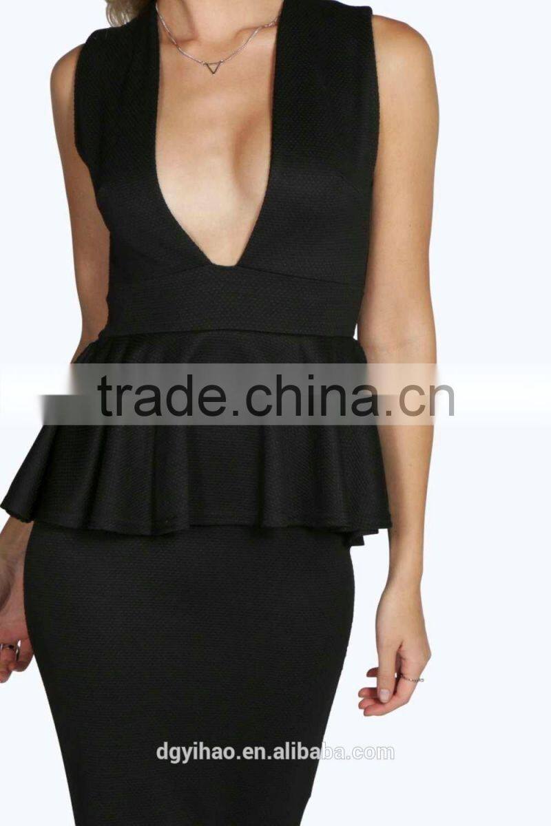 Yihao OEM factory 2016 women new summer latest designs V Neck Midi Peplum Dress fashion for ladies