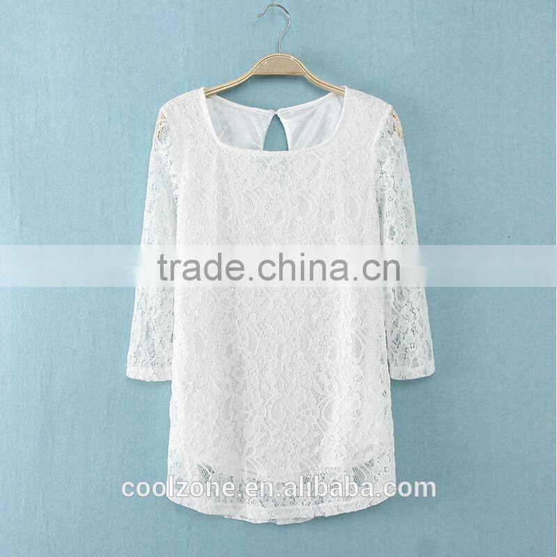 Elegant white basic woman blouse fashion sheer crochet lace blouse 2015