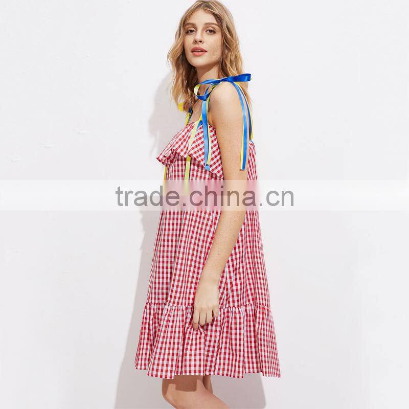 Cute ruffled hem self tie dress, ladies red cotton sleeveless dress