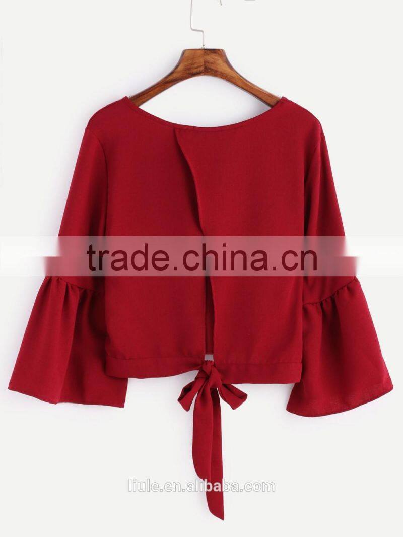Fashionable ladies tops latest design ruffle flounced sleeves casual blouse for women