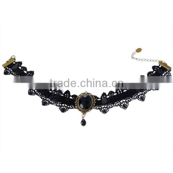 New Fashion Lace Choker Necklace Black Drop Pendant 32cm long