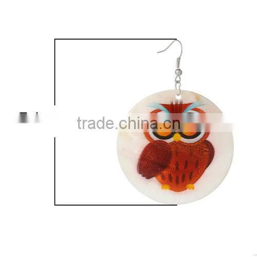 Silver Tone Hook Round Dark Red Halloween Owl Pattern Fashion Shell Dangle Earrings 7.1cmx5cm