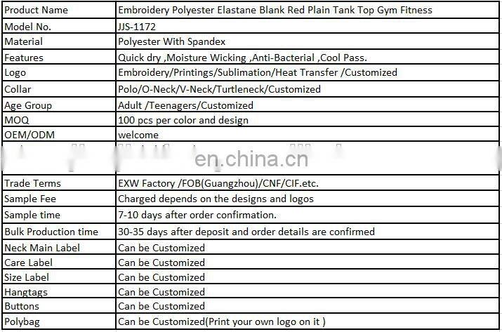 Embroidery Polyester Elastane Blank Red Plain Tank Top Gym Fitness
