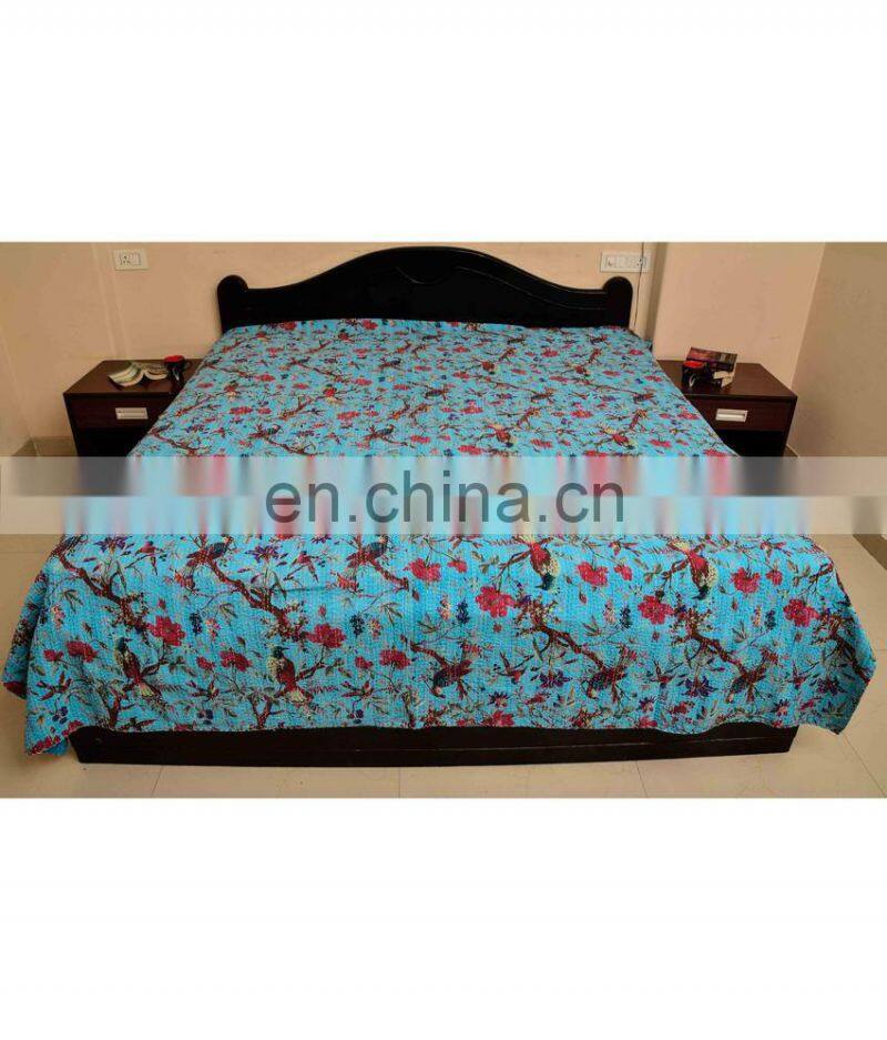 Bird Of Paradise Kantha Quilt Cotton Kantha Bird Print Bedcover Set Of 5 Pcs Bedspread