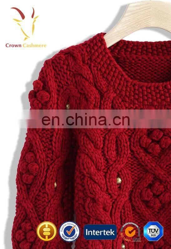 Fashion red chunky sweater women cable knit pullover sweater for ladies