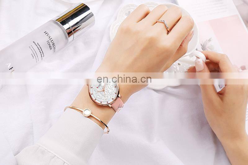 CURREN 9046 Women Simple Flower Pattern Elegant Watches Ultra Thin Dial Quartz Leather Fashion Wristwatch