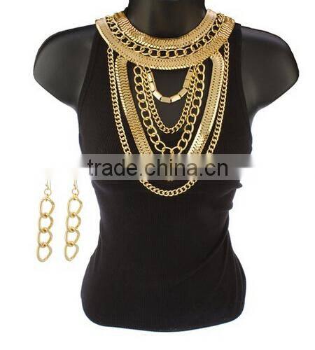 Black & Goldtone Multi Layered Chains with Matching Earrings Jewelry Set
