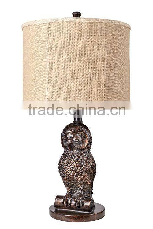 Owl Antique Bronze Finish Sculptural Table Lamp With Linen Shade
