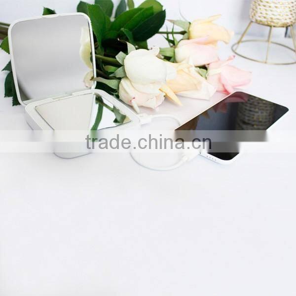 Square 5x magnifying usb recharging pocket mirror with power bank and light