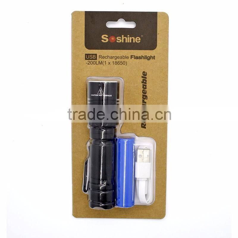 Soshine TC10 Rechargeable 200LM LED 3-Mode White Flashlight with USB Cable- Black (1 x 18650)