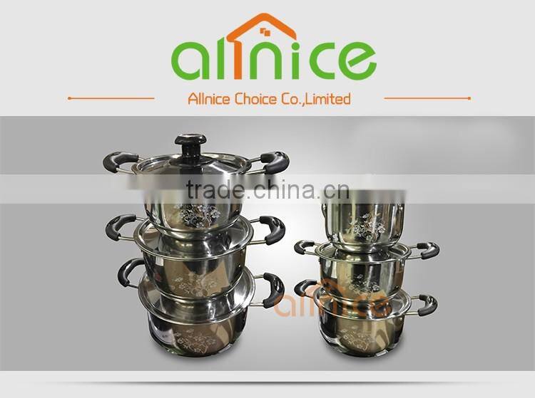 SS410 3pcs 4pcs 16/18/20/22 with flower decal bakelite handle stainless steel induction cooking pot