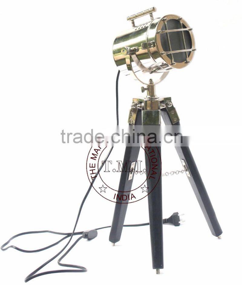 NAUTICAL SPOTLIGHT LAMP ON STAND - NICKEL PLATED SEARCHLIGHT ON WOODEN BLACK TRIPOD STAND