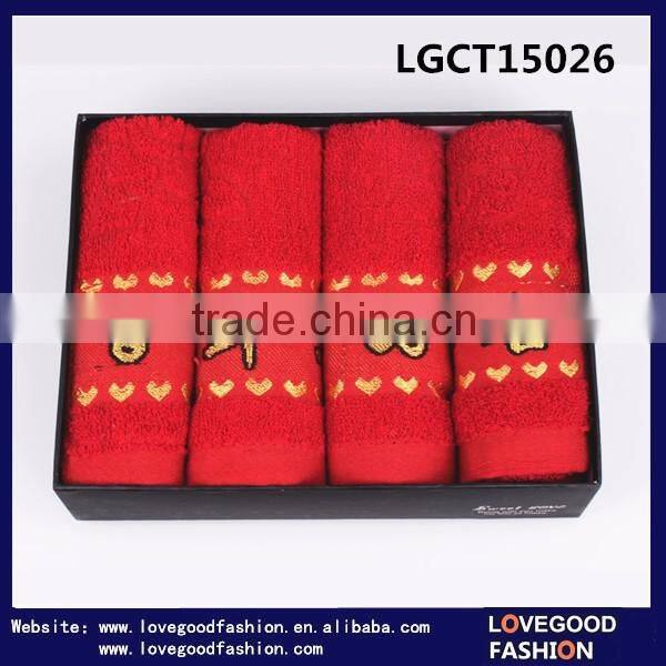 China Wholesale Box Packaging 4 Pieces Wedding Gift Towels Set with Embroidery "BAI NIAN HAO HE"