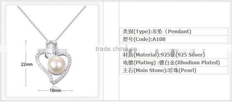 Hight Quality Freshwater Pearl 925 Sterling Silver Heart Pendant