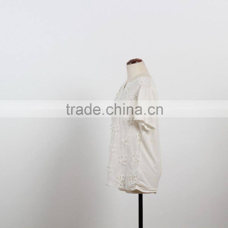 OEM softextile white top shirt girl woman short sleeves emibroidery flower fashion plain shirt