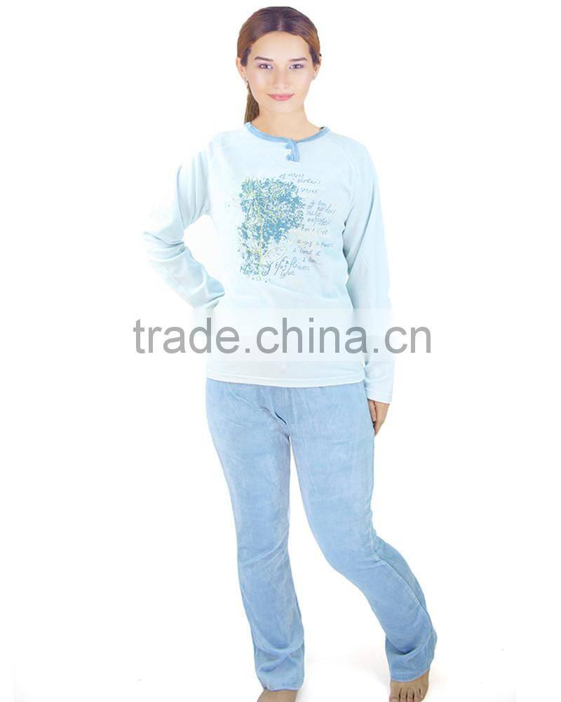 Kevince flannel pyjamas set deer emb knitting woman MOQ 1000set OEM factory directly