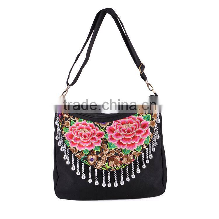 Embroidery shoulder bag canvas women handbag cheap lady bag embroidery bag with bells