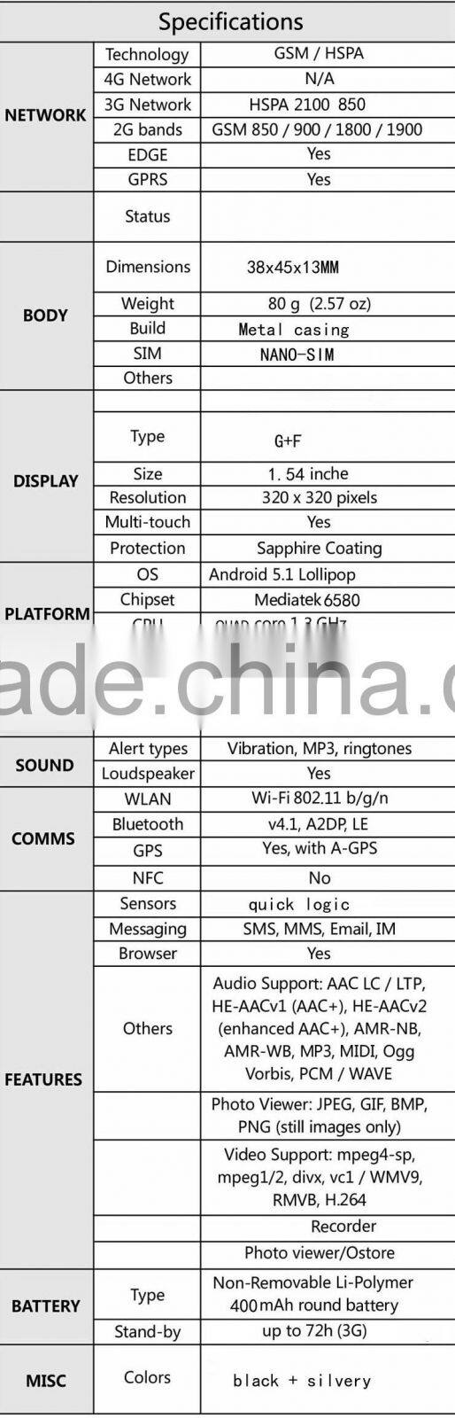 Newest Android 5.1 3G WCDMA 850/2100Mhz 3.0MP HD camera smartphone calling watch with GPS