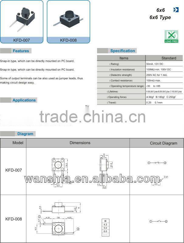 6*6 tye 50mA 12V DC tact switch KFD-007 KFD-008