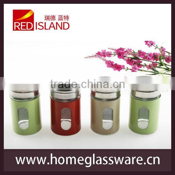 round glass spice shaker with metal coating, glass jar
