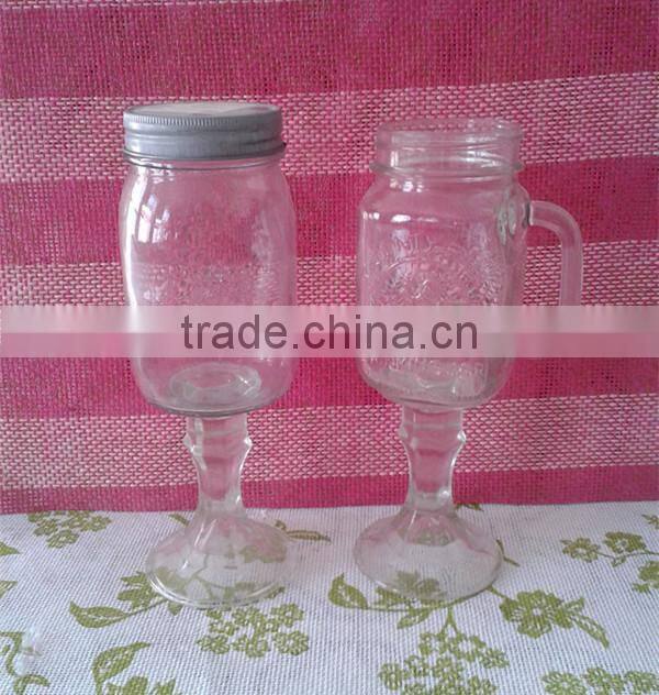 Square Shape Clear Pedestal Glass Mason Jars with Handle