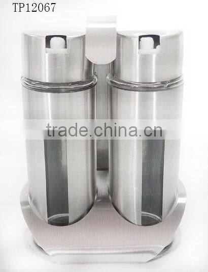 three pieces set metal coating cylinder glass spice bottle with metal stand
