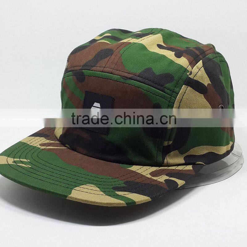 Custom pattern printed 5 panel hat with leather patch
