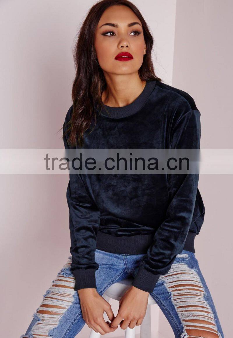 wholesale 100% polyester soft touch navy cheap bulk women velour sweatshirt