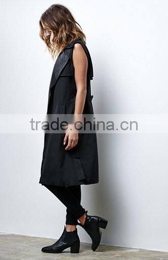 Fashion Black Renamed Sleeveless Trench Wide Lapels Waist Tie Jacket