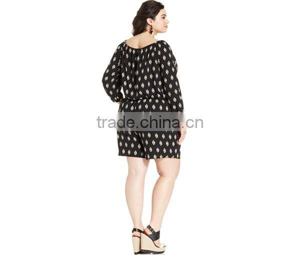 Plus Size Long-Sleeve Geo-Print Romper