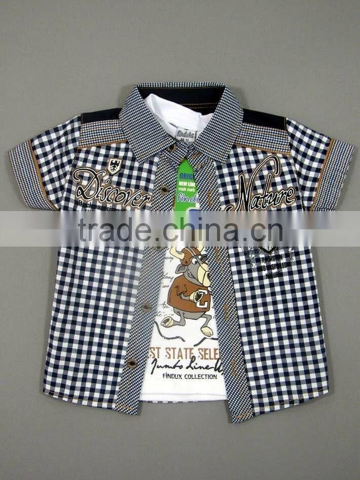 New Style Fashion High Quality Short Sleeve Plaid Boys Shirt+T-Shirt Set