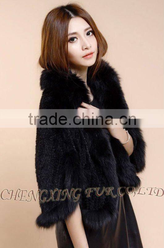 CX-B-M-41C Mink Fur Knitted Ladies Shawl With Fox Fur Trim