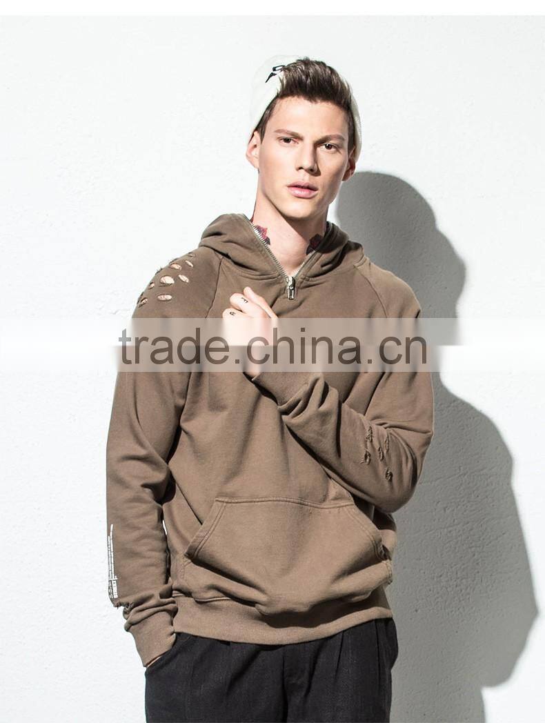 2017 custom mens blank french terry ripped full zip distressed sweatshirts hoodie