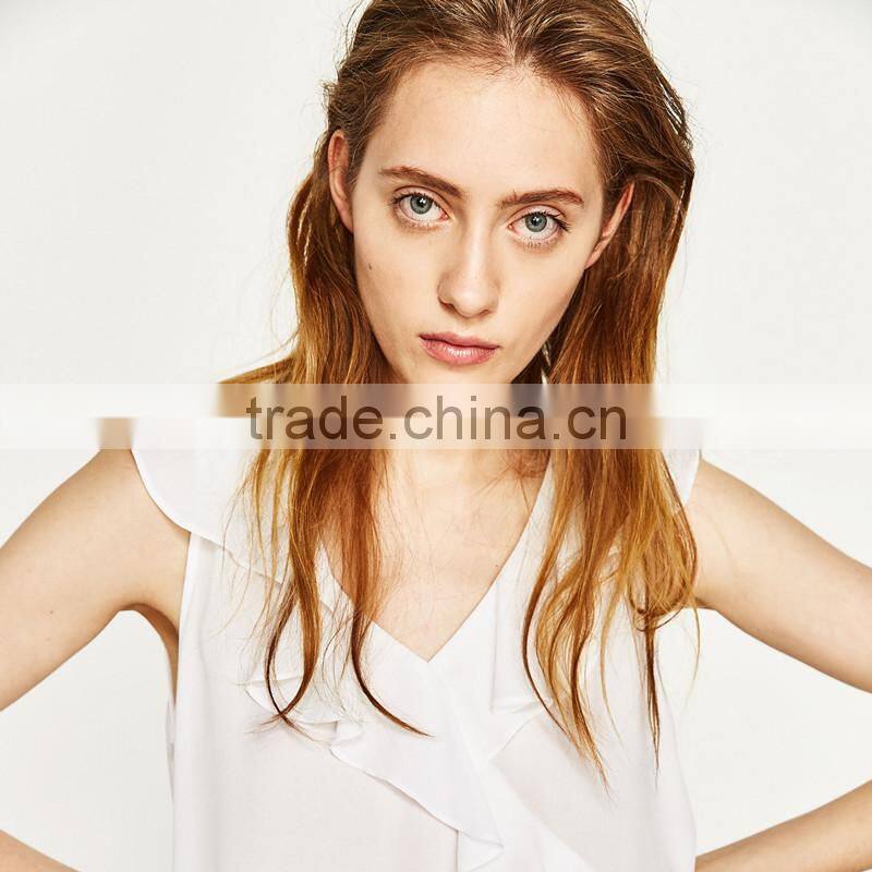 2017 HOT ruffled in the front and V-neck ladies chiffon tank top