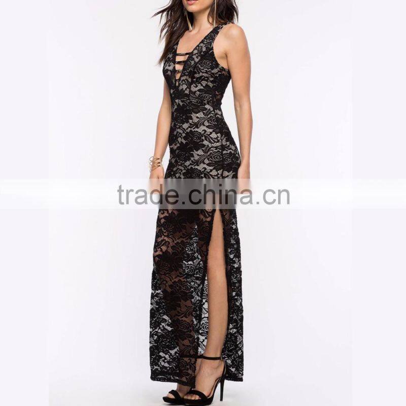 New Arrival Deep V Neck Maxi Long Dress Split Lace Sexy Dresses Women's Evening Dress for OEM 2016