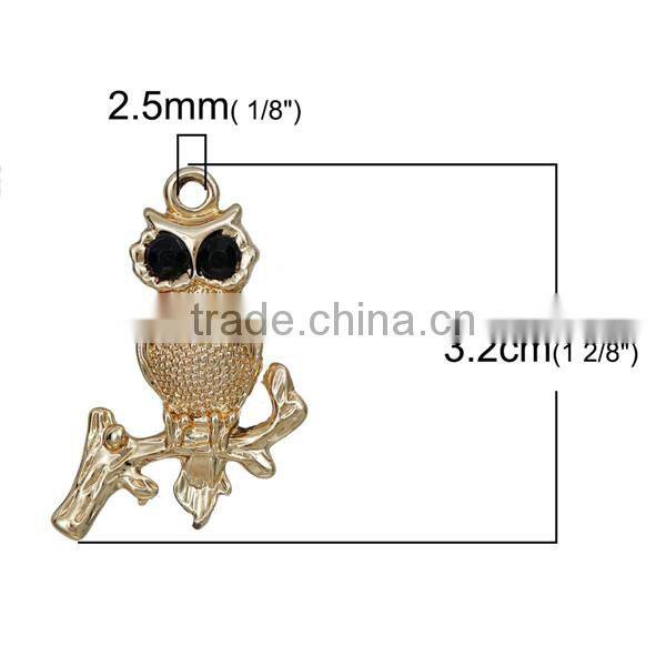 Halloween Owl Gold Plated Black Rhinestone Zinc Based Alloy Pendants