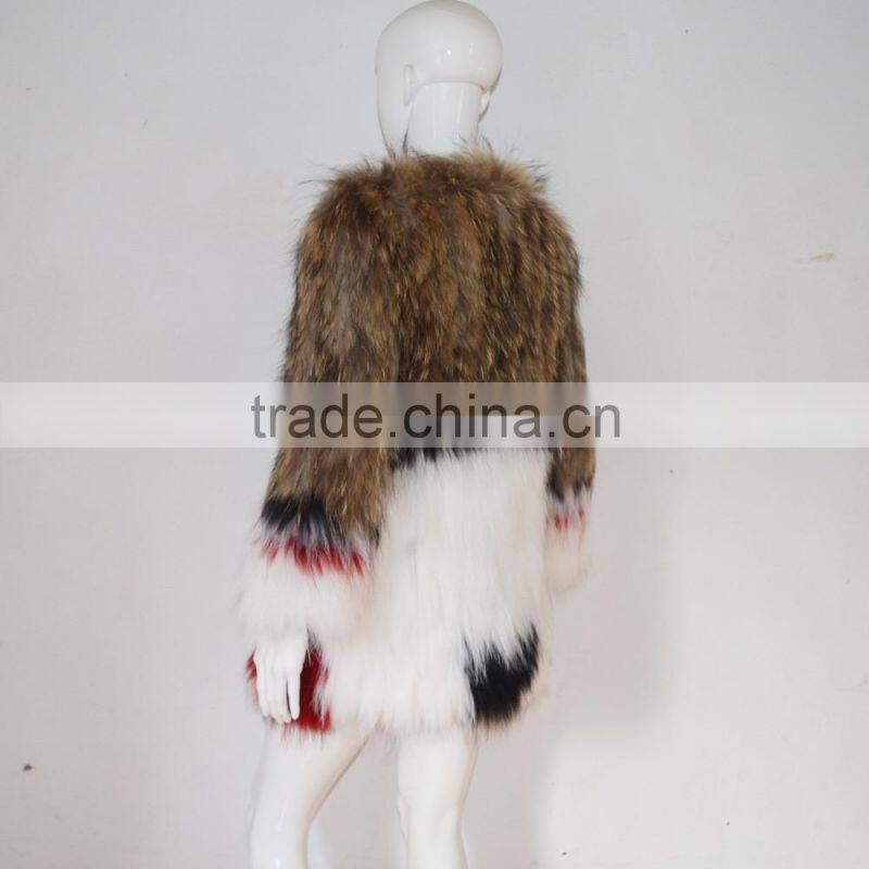SJ045-01 China Glossy Sumptuous Raccoon Knitted Fur Coats/Women Coats with out Lining/Multicolor Fur Coats