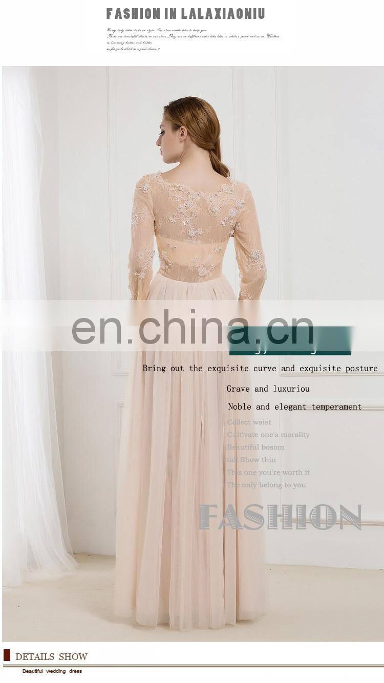 KAL-4 Skin Round neckline pearl beading & applique Long sleeve floor length tulle Muslim bridal evening dress