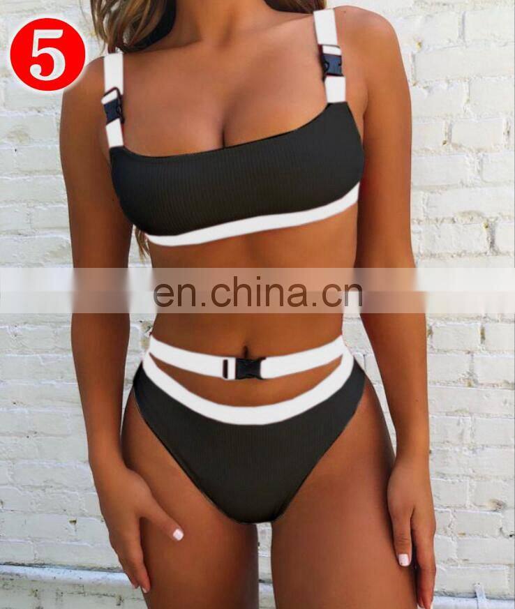 RST new fashion style ribbed high waist bikini custom logo bikinis 2020 women swimwear beachwear buckle swimwear