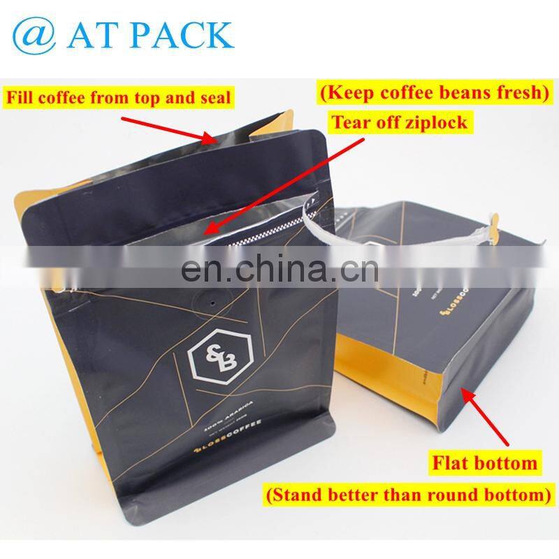 Custom printed 1kg Resealable Flat Bottom Box Pouch Coffee Bag with valve