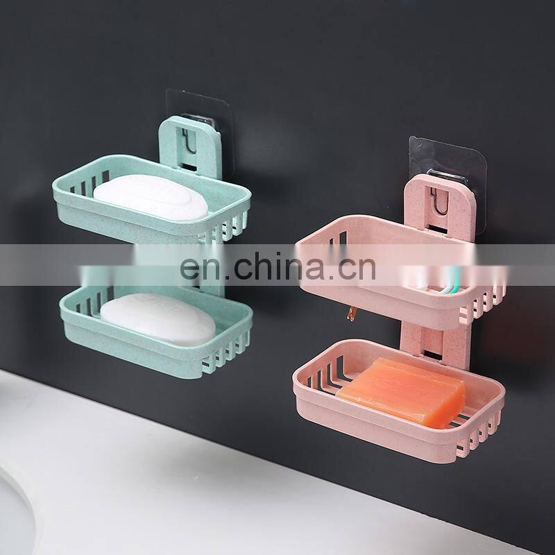 Wall Mounted Double Layer Soap Dish Punch-Free Drawer Draining Holder Kitchen Sponge Storage Box Bathroom Organizer Rack