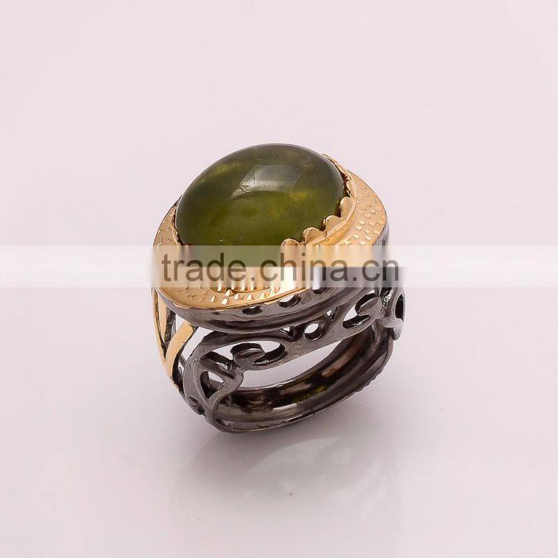 925 SOLID STERLING FINE SILVER PREHNITE RING BLACK & GOLD RHODIUM