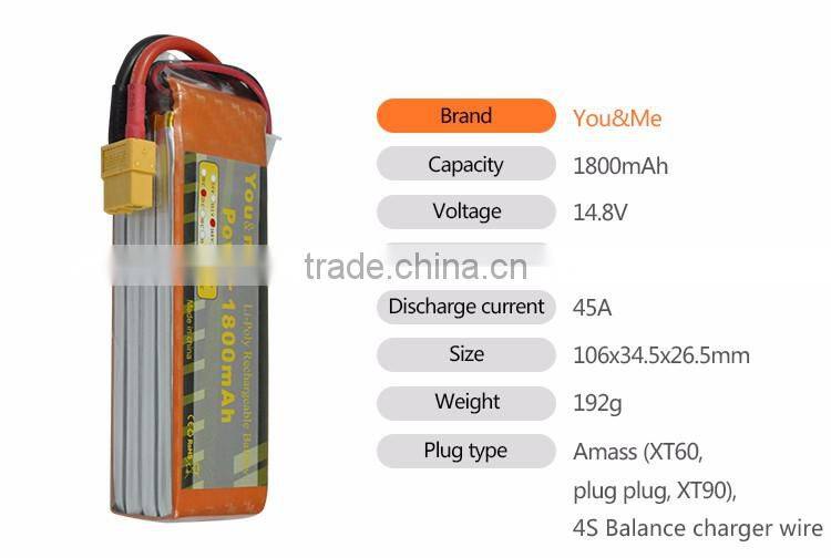 You&Me 4S 14.8V 1800mAh 25C Rechargeable Lithium Polymer Battery For Quadcopters RC Models