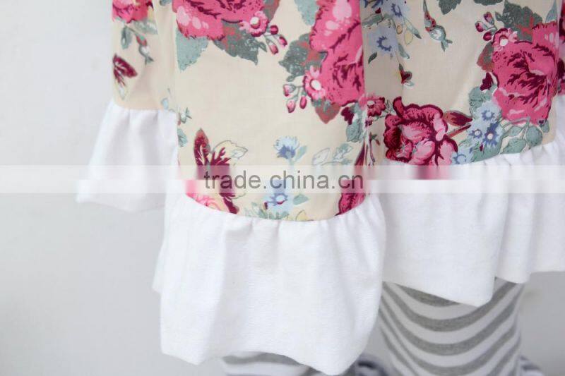 Classical two pieces infant kids clothing gray ruffle striped shorts newborn baby kids gift set hot sell baby girl fall cotton