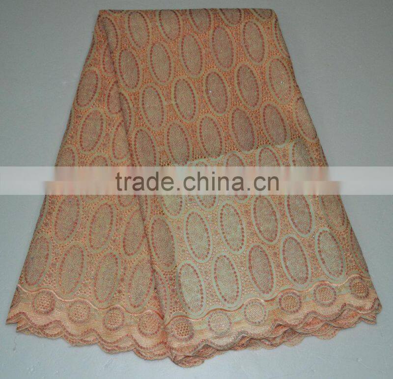 Cheap Swiss voile lace fabric in golden materials with sequins
