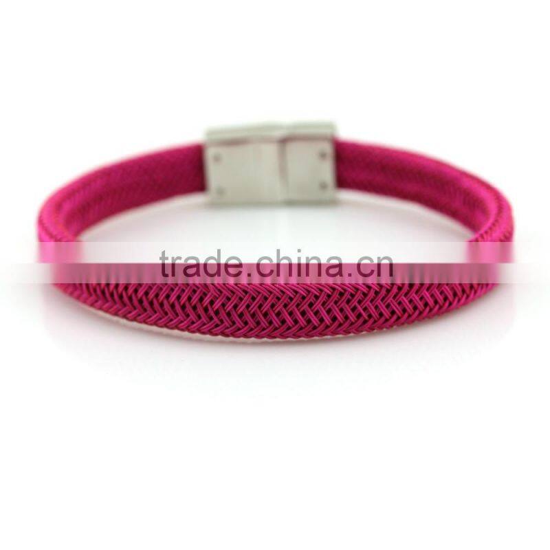 red pink colorful braided simple genuine Leather Bangle bracelet with Stainless steel or golden clasp